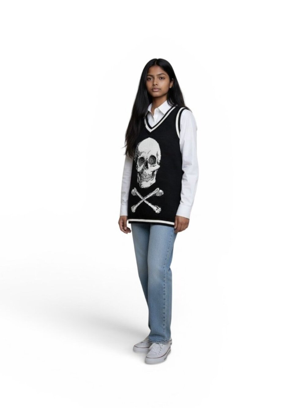 Cosmic Aura Hot Topic Skull Sleeveless Knit Sweater Vest Black White Sz Lg